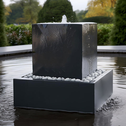 Gartenbrunnen aus Aluminium ( farbig ) "Le Cube" in Aluminiumbecken